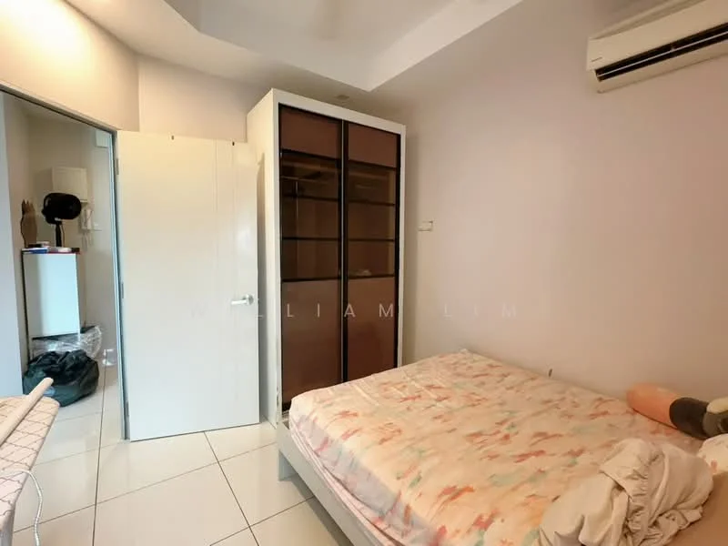 Bedroom features: queen-size bed with patterned bedding, built-in wardrobe with glass doors, white painted walls, white tiled flooring, 1 wall-mounted split AC, recessed ceiling lights, mirror on closet door, window with no visible treatment; style: modern.