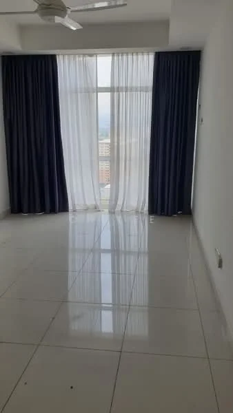 Room features: white painted walls, glossy tile flooring, floor-to-ceiling windows, sheer curtains, dark blue curtains, ceiling fan; style: modern; view: city.