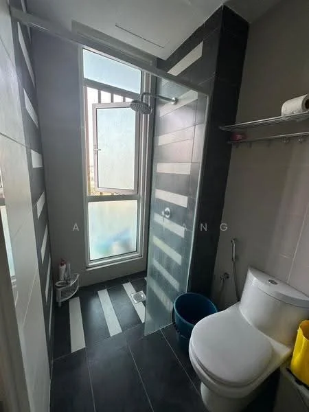 Bathroom features: walk-in shower with glass enclosure, rain shower head, toilet, white ceramic toilet, grey tile flooring, black accent wall, striped wall design, window with frosted glass, shelf for toiletries, blue plastic bucket; style: modern.