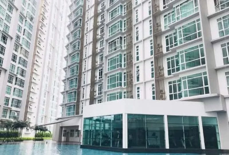 Exterior type: high-rise condominium; features: glass curtain wall, white painted facade, recessed balconies, swimming pool deck, approximately 20-storey high-rise, landscaped area with greenery, large glass windows, modern architectural design; style: modern.