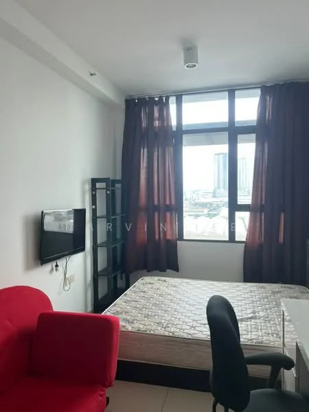 Bedroom features: queen-size bed, red fabric sofa, black office chair, wall-mounted TV, floor-to-ceiling windows, brown curtains, light-colored walls, tile flooring; style: modern; view: city.