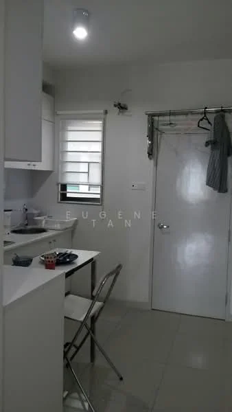 Kitchen features: white cabinetry, white countertop, stainless-steel sink, single-bowl stainless-steel sink, chrome pull-down faucet, built-in microwave, 2-burner electric hob, tile backsplash, recessed downlights, grey tiled flooring, window with horizontal blinds, folding dining table, metal folding chair, hanging rack for clothes; style: modern.