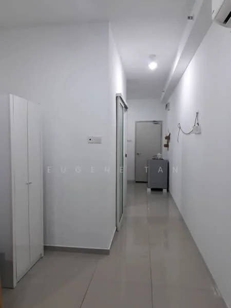Room features: white painted walls, grey tiled flooring, flush ceiling lights, glass door, white storage cabinet, door to adjacent room, wall-mounted electrical outlet, wall-mounted hook; style: modern.