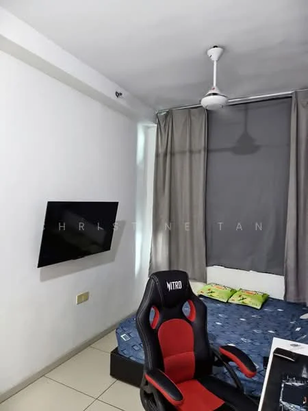 Bedroom features: white painted walls, ceiling fan, floor-to-ceiling window with curtains, wall-mounted TV, single bed with blue bedding, gaming chair, tile flooring; style: modern.