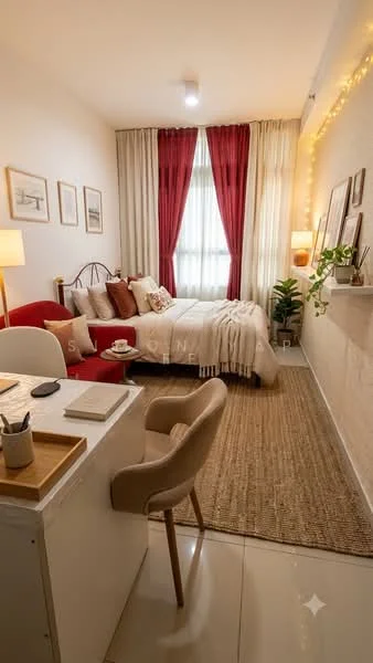 Bedroom features: queen-size bed with white bedding, red upholstered headboard, 2 bedside lamps with cream shades, decorative wall art, large window with sheer and red curtains, green potted plant, textured wall with light fixtures, woven area rug, wooden desk with chair, decorative throw pillows, wall-mounted shelf; style: modern.