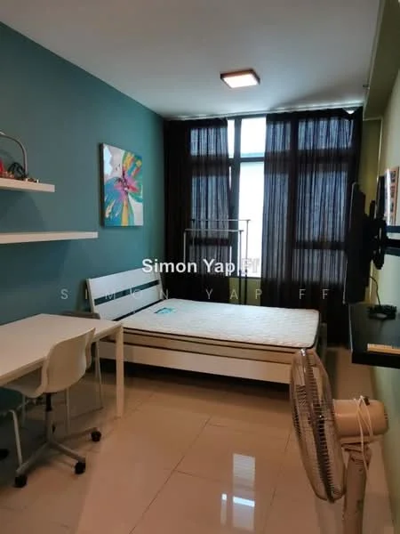 Bedroom features: green accent wall, white painted walls, floor-to-ceiling windows, blackout curtains, single bed, study desk, white chair, wall-mounted TV, ceiling light, tile flooring, standing fan; style: modern.