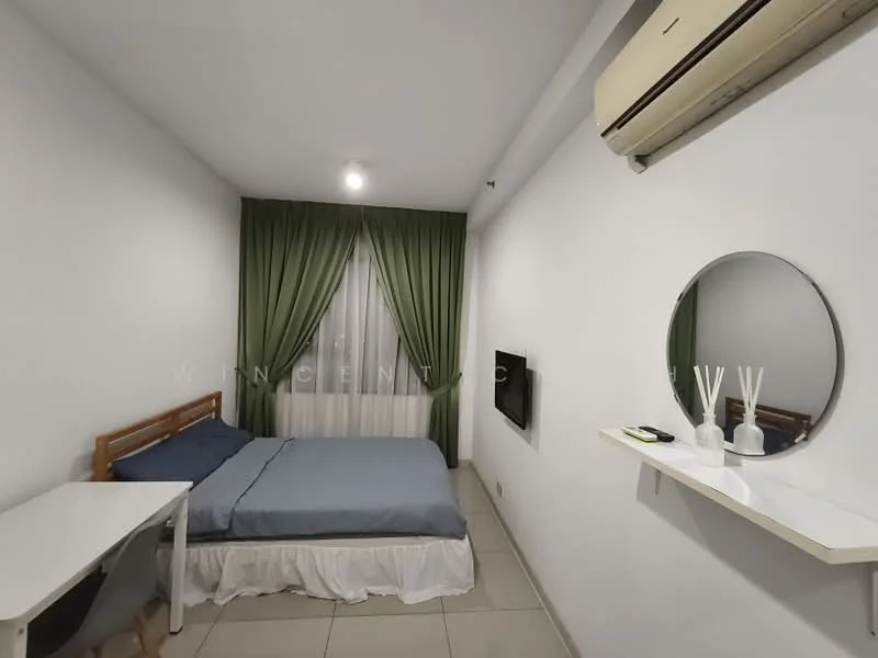 Bedroom features: queen-size bed with blue bedding, white bed skirt, green curtains, floor-to-ceiling window, wall-mounted TV, round mirror, white wall shelf, air conditioning unit, tile flooring, desk with chair, decorative reed diffusers; style: modern.
