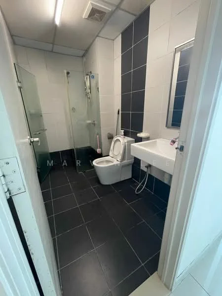 Bathroom features: white wall tiles, dark grey floor tiles, glass shower enclosure, rain shower head, handheld shower, single-sink vanity with white cabinet, chrome basin mixer, framed mirror, one-piece toilet, toilet paper holder, towel rack; style: modern.