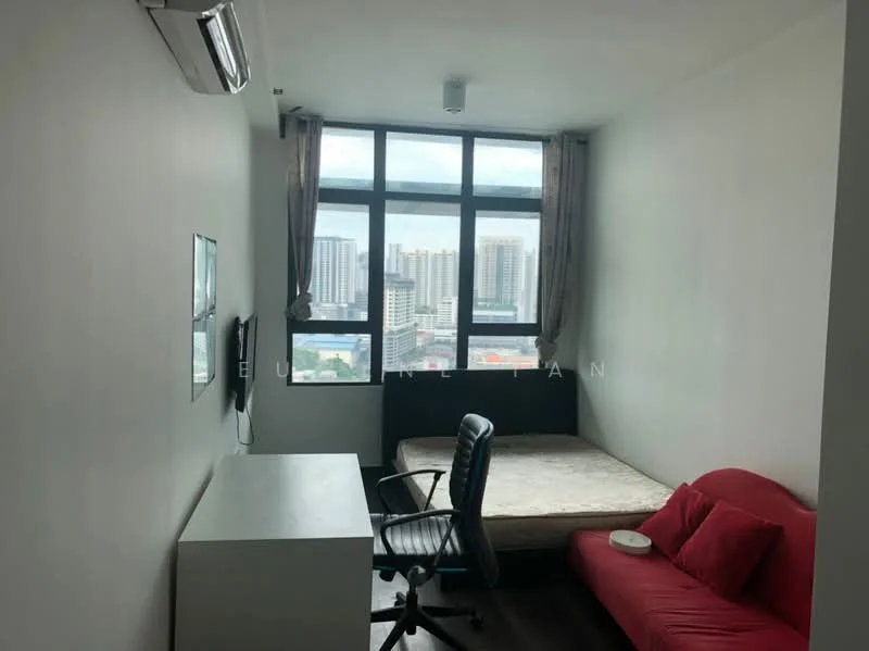 Bedroom features: floor-to-ceiling windows, white painted walls, dark wood flooring, queen-size bed, upholstered headboard, red fabric sofa, desk with chair, wall-mounted TV, air conditioning unit; style: modern; view: city.