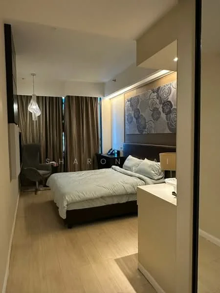 Bedroom features: queen-size bed, upholstered headboard, bedside lamps, floor-to-ceiling windows, sheer curtains, wooden flooring, decorative wall with floral pattern, armchair, nightstand, recessed lighting; style: modern.