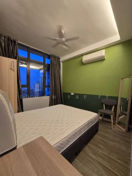 Bedroom features: green accent wall, white painted walls, wooden flooring, 5-blade ceiling fan, wall-mounted split AC, floor-to-ceiling windows, blackout curtains, queen-size bed, bedside table, full-length mirror, wooden chair; style: modern; view: city.