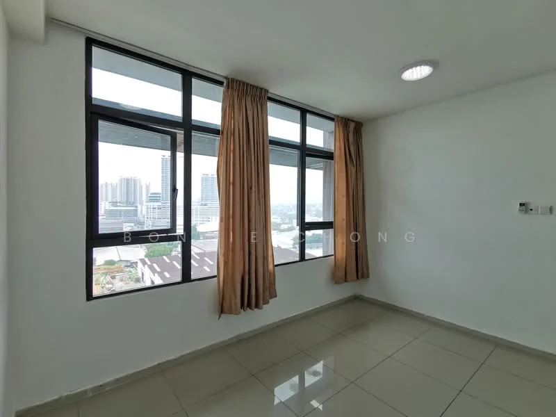 Room features: white painted walls, glossy ceramic tile flooring, floor-to-ceiling windows, curtains in beige, recessed ceiling light; style: modern; view: city.