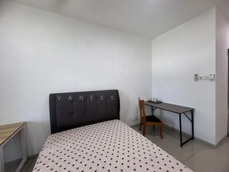 Bedroom features: queen-size bed with upholstered headboard, white painted walls, grey tile flooring, study desk with metal frame, wooden chair, bedside table, power outlets on wall; style: modern.