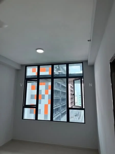 Room features: white painted walls, ceiling with recessed lighting, large floor-to-ceiling windows, grey tile flooring, city view through windows; style: modern; view: city.