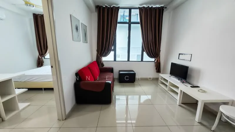 Living features: white painted walls, glossy tile flooring, floor-to-ceiling windows, brown curtains, red 2-seater sofa, black armchair, white TV console, wall-mounted TV, small black coffee table, open shelving unit; style: modern. Room features: bed with mattress, white bedding.