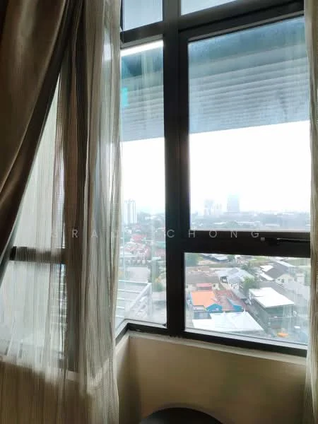 Room features: floor-to-ceiling windows, sheer curtains, city view; view: city.
