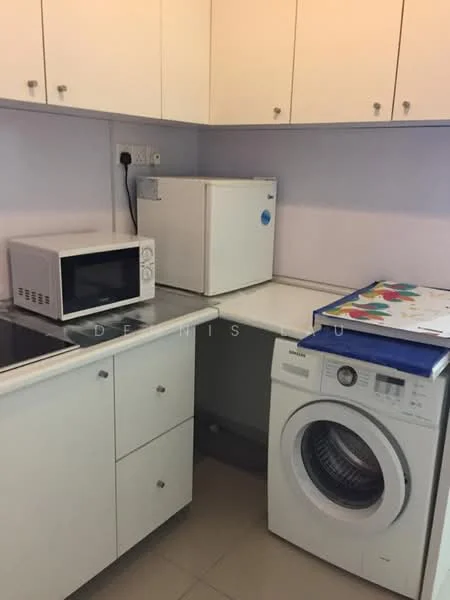 Laundry features: white cabinetry, white countertop, front-load washing machine, microwave, small fridge, single-bowl stainless-steel sink, tile flooring, neutral wall colour, under-cabinet lighting; style: modern.