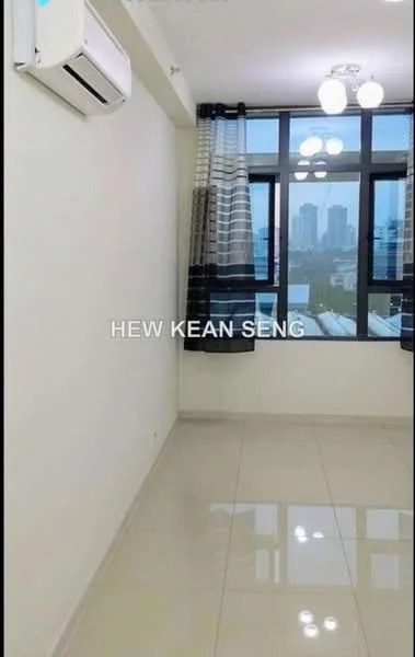 Room features: white painted walls, glossy tile flooring, floor-to-ceiling windows, blackout curtains, 3-blade ceiling fan, air conditioning unit, city skyline view; style: modern; view: city.