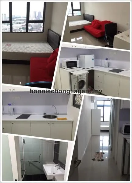 Bedroom features: single bed, red fabric sofa, large window with city view, white walls, grey flooring; style: modern; view: city. Kitchen features: white cabinetry, stainless-steel sink, built-in microwave, countertop space, ceramic tile backsplash, refrigerator; style: modern. Bathroom features: white tiled walls, shower with glass enclosure, single-sink vanity, toilet, mirror; style: modern. Hallway features: white walls, grey flooring, doorway leading to bathroom; style: modern.