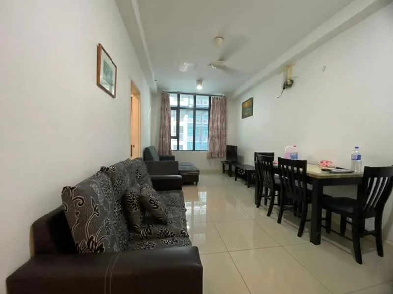 Living features: 3-seater fabric sofa in black, 2-seater fabric sofa with patterned upholstery, coffee table, dining table with 4 black wooden chairs, floor-to-ceiling window, white painted walls, glossy tile flooring, ceiling fan, decorative wall art, curtains, wall-mounted TV, side table; style: modern; view: city.