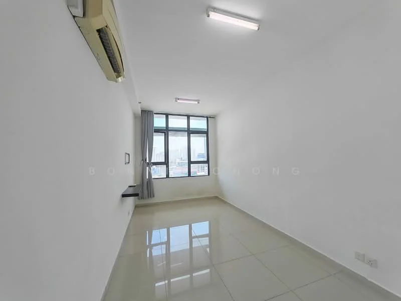 Room features: white painted walls, glossy tile flooring, floor-to-ceiling windows, grey curtains, 1 wall-mounted split AC, recessed LED downlights, shelf mounted on wall, city view; style: modern; view: city.