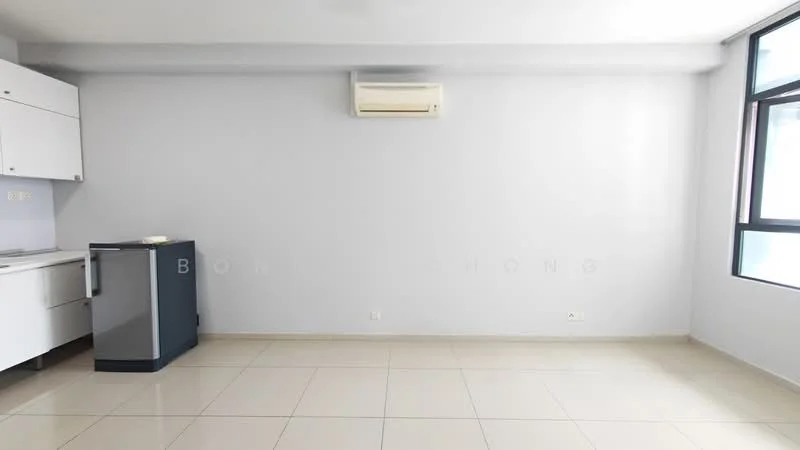 Room features: light grey painted walls, white cabinetry, stainless-steel fridge, wall-mounted split AC, cream tiled flooring, large window, natural light; style: modern.