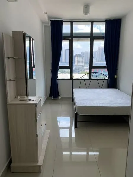 Bedroom features: floor-to-ceiling windows, blue curtains, white walls, glossy tile flooring, queen-size bed frame without mattress, wooden dresser with mirror, minimalist design, city view; style: modern; view: city.