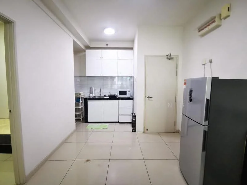 Kitchen features: white cabinetry, black countertop, stainless-steel fridge, built-in microwave, sink, ceramic tile flooring, recessed ceiling lights, wall-mounted air conditioning unit, white tiled backsplash, open shelving, kitchen utensils on countertop; style: modern.