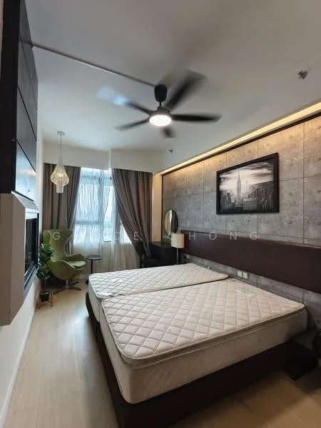 Bedroom features: wooden flooring, grey accent wall, wall-mounted TV, 5-blade ceiling fan with light, large window with sheer curtains, decorative pendant light, upholstered headboard, two single mattresses, framed artwork, built-in wardrobe; style: modern; view: city.
