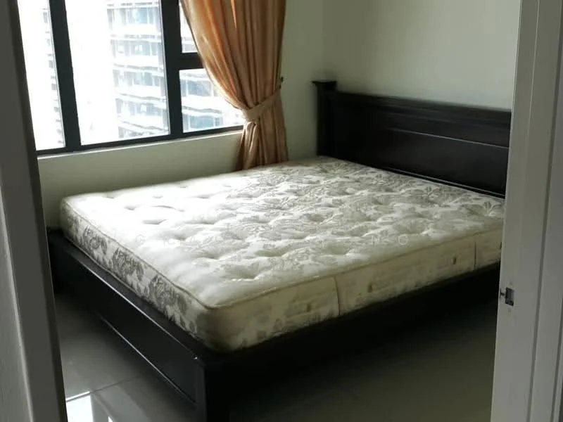 Bedroom features: queen-size bed, dark wood bed frame, white walls, large window with city view, sheer curtains in beige, glossy tile flooring, no visible bedding, minimal decor; style: modern; view: city.