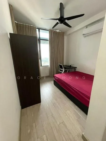 Bedroom features: queen-size bed with red bedding, wooden wardrobe, study desk with chair, floor-to-ceiling window, curtains, wall-mounted air conditioning unit, light-colored wooden flooring, 5-blade ceiling fan; style: modern; view: city.