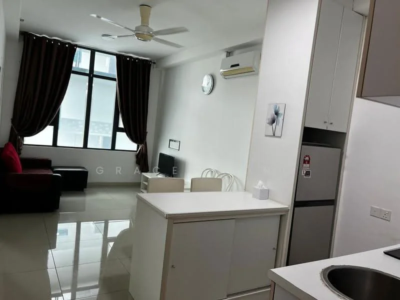 Living features: floor-to-ceiling windows, brown curtains, 3-seater red sofa, white dining table with 4 chairs, ceiling fan, wall-mounted clock, white walls, glossy tile flooring, air conditioning unit; style: modern. Kitchen features: white cabinetry, stainless-steel fridge, sink, countertop, built-in stove, oven, kitchen island; style: modern.