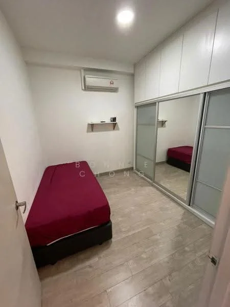 Bedroom features: single bed with maroon bedding, mirrored sliding wardrobe, white painted walls, wooden flooring, wall-mounted shelf, wall-mounted air conditioning unit, ceiling light fixture; style: modern.