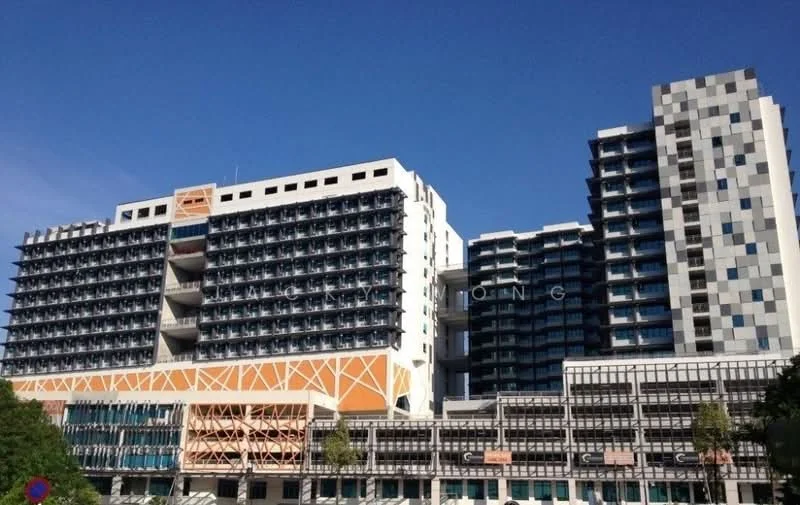Exterior type: mid-rise condominium; features: glass curtain wall, white painted facade, orange accent panels, balconies with glass railings, multiple storeys, modern architectural design, visible outdoor terraces, surrounded by greenery; style: modern.