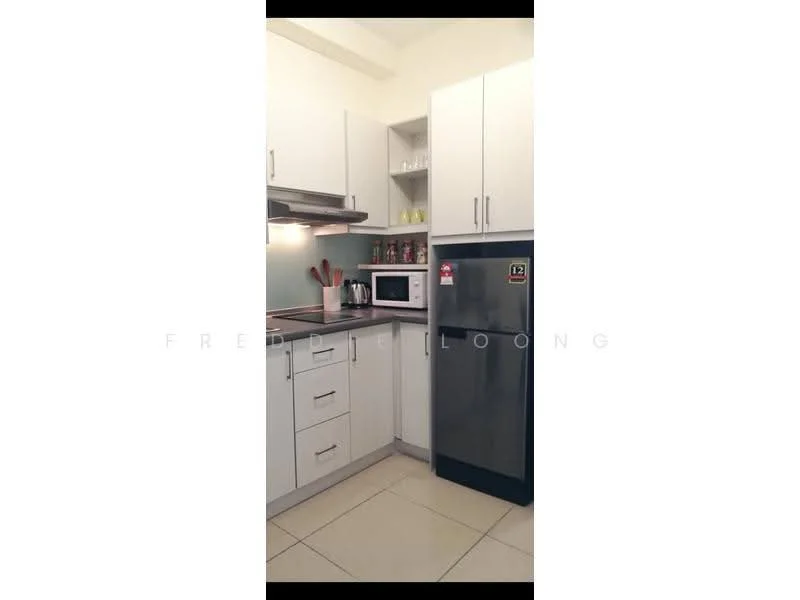 Kitchen features: white shaker cabinets, black countertop, stainless-steel sink, chrome pull-down faucet, built-in microwave, freestanding fridge, ceramic tile flooring, wall-mounted range hood, kitchen utensils on countertop, open shelving, glassware on display; style: modern.