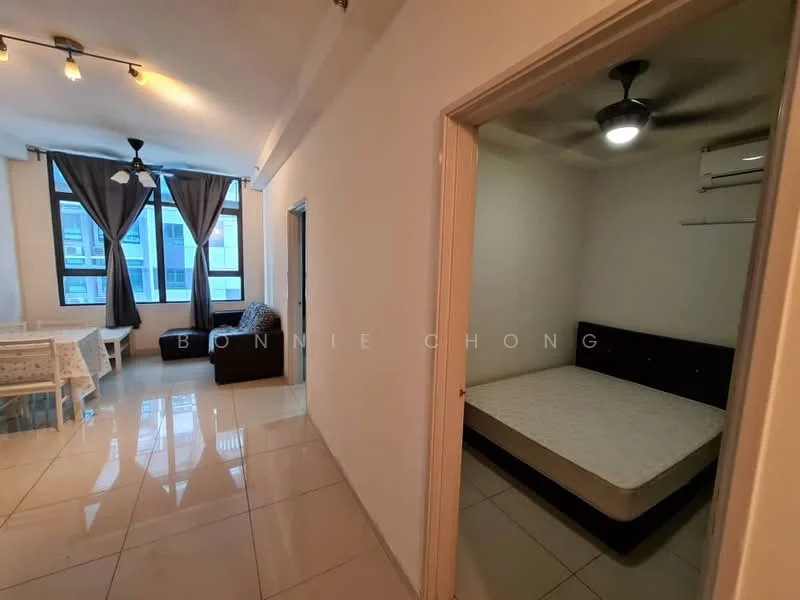 Living features: white painted walls, glossy tile flooring, 5-blade ceiling fan with light, floor-to-ceiling windows, grey curtains, sofa in dark color, dining table for four, decorative wall art; style: modern; view: city. Bedroom features: white painted walls, glossy tile flooring, ceiling fan, window with natural light, unmade bed frame, built-in wardrobe; style: modern.