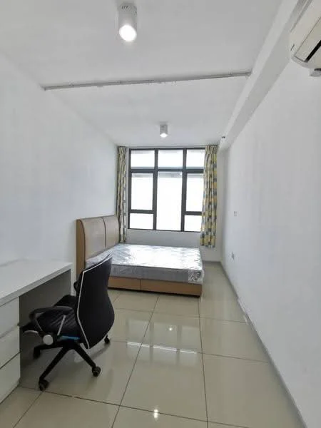Bedroom features: queen-size bed, upholstered headboard, white painted walls, tile flooring, floor-to-ceiling windows, curtains with yellow pattern, desk with drawers, office chair, 1 wall-mounted split AC, recessed downlights; style: modern.