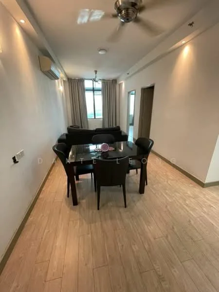 Dining features: wooden flooring, 5-blade ceiling fan with light, dining table with 6 black chairs, sofa in dark color, floor-to-ceiling windows, sheer curtains, air conditioning unit, recessed downlights; style: modern; view: city.