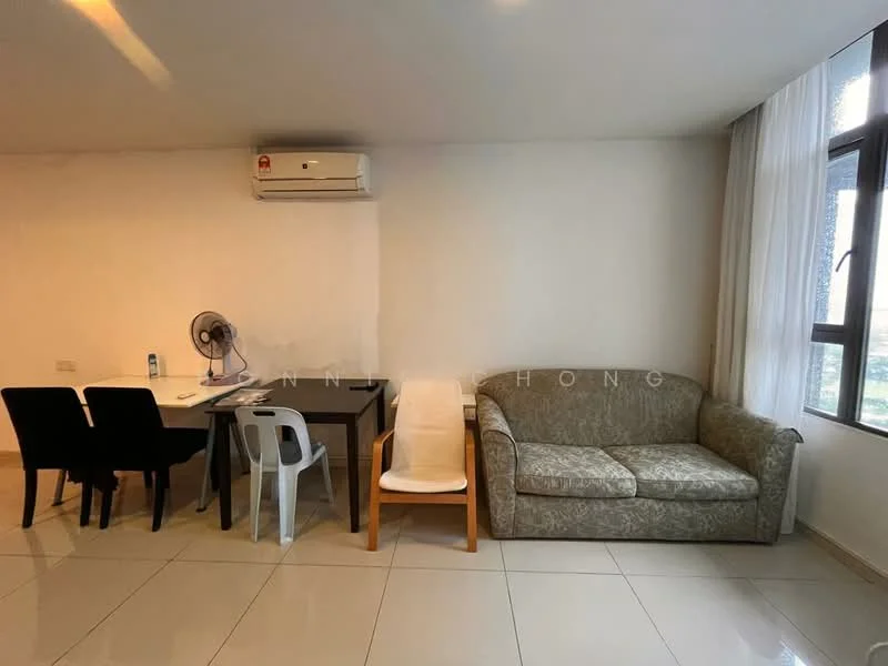 Living features: sofa in light fabric, dining table with four chairs, white plastic chair, air conditioning unit on wall, floor-to-ceiling windows, light-colored tiled flooring, curtains, wall-mounted fan; style: modern; view: city.