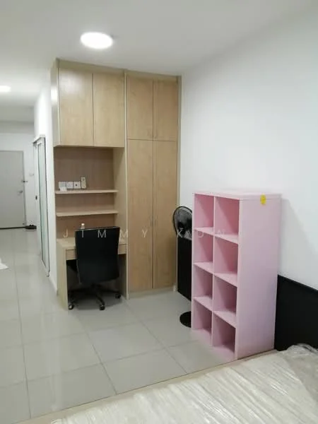 Bedroom features: queen-size bed, wooden headboard, built-in wardrobe with light wood finish, study desk with chair, pink bookshelf, floor tiles in light grey, white painted walls, ceiling light fixture, wall-mounted fan; style: modern.
