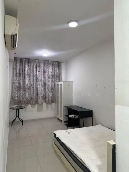Bedroom features: white painted walls, glossy tile flooring, floor-to-ceiling window with floral curtains, 1 wall-mounted split AC, recessed ceiling lights, single bed with mattress, black study desk, small round table, white wardrobe, decorative wall with minimal decor; style: minimalist.
