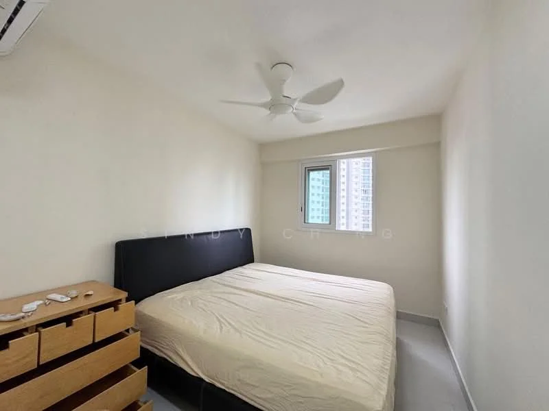 Bedroom features: queen-size bed, upholstered headboard, ceiling fan, white painted walls, grey flooring, window with city view, built-in wardrobe, nightstand, decorative items on nightstand; style: minimalist; view: city.