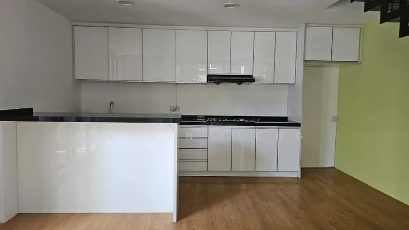 Kitchen features: white cabinetry with flat-panel doors, black countertop, single-bowl stainless-steel sink, chrome pull-down faucet, built-in gas stove with hood, drawer storage, open shelving, wood laminate flooring, recessed downlights, wall-mounted cabinets, neutral wall color; style: modern.