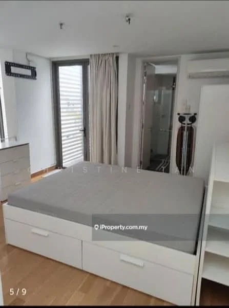Bedroom features: queen-size bed with storage drawers, light wood flooring, white painted walls, floor-to-ceiling windows, sheer curtains, built-in wardrobe, wall-mounted mirror, recessed ceiling lights, sliding glass door to bathroom, decorative wall panel; style: modern.