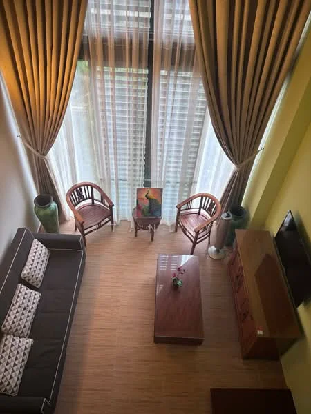 Living features: sofa with patterned cushions, wood coffee table, two wooden chairs, large windows with sheer curtains, wooden flooring, decorative vase, framed artwork, TV mounted on wall, green accent wall; style: modern; view: garden.
