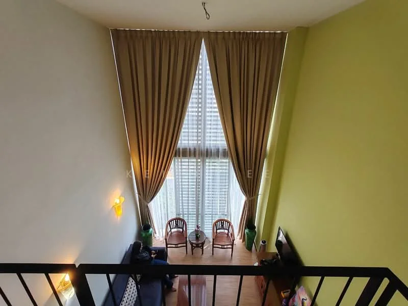 Living features: floor-to-ceiling windows, long beige curtains, wooden flooring, black sofa, two rattan chairs, small round coffee table, wall-mounted light fixtures, green accent wall; style: modern; view: city.