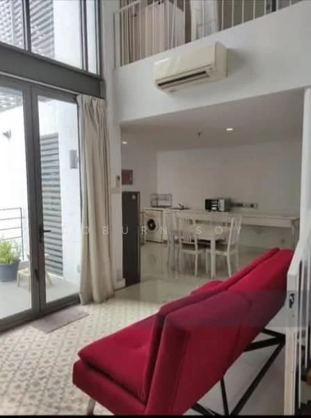 Living features: red fabric sofa, floor-to-ceiling windows, curtains, wall-mounted split AC, dining table with chairs, white cabinetry, ceramic tile flooring, decorative wall, open layout, light-colored walls, recessed downlights; style: modern.
