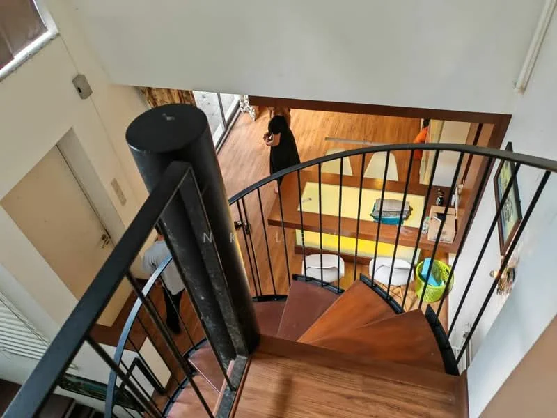 Room features: spiral staircase, wooden flooring, white walls, large windows, open layout, decorative railing, natural light, seating area, yellow accent furniture; style: modern.
