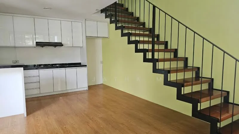 Living features: open-plan layout, white cabinetry, black countertop, stainless-steel range hood, gas hob, wooden staircase, wooden flooring, green painted walls, recessed lighting, kitchen island, built-in cabinets; style: modern.