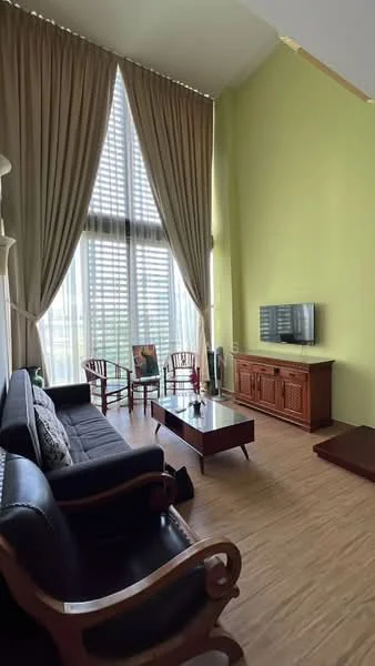 Living features: floor-to-ceiling windows, sheer curtains, green painted walls, wooden flooring, 3-seater leather sofa, coffee table, TV console, wall-mounted TV, decorative wall art, 2 wooden armchairs, area rug; style: modern; view: city.